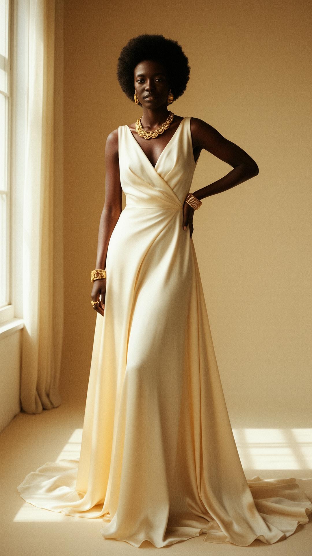 Model wearing a flowing cream silk dress with gold jewelry